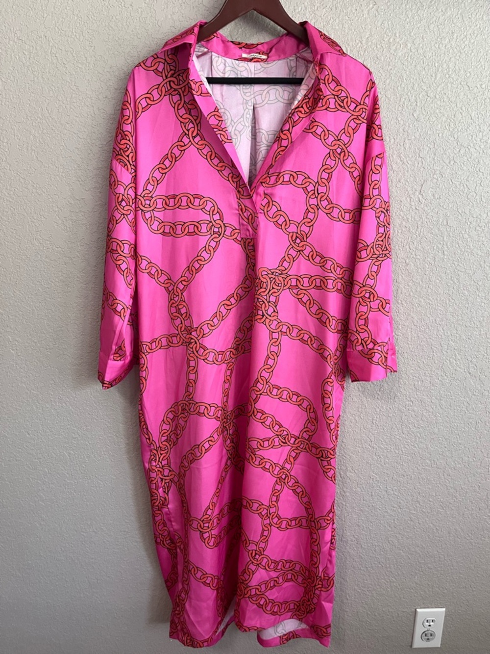 Sunday Up Pink Chain Print Midi Shirt Dress - Size Medium - Picture 3 of 12